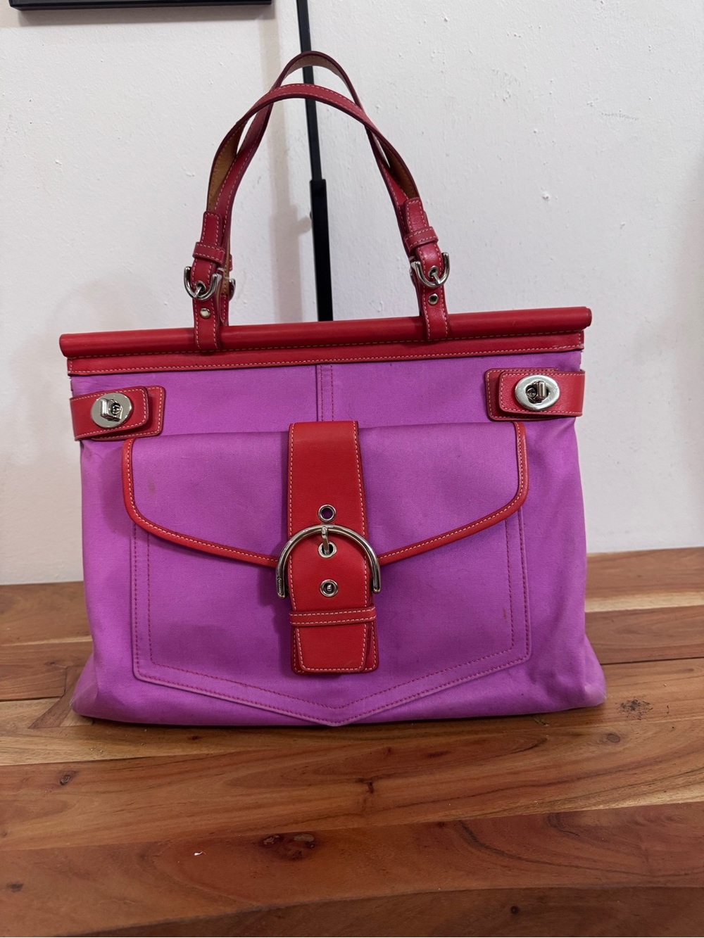 Coach Hampton Double Turnlock Satchel Pink and Orange